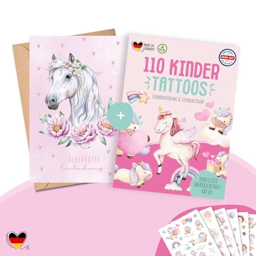 MeinBaby123® 10 Einladungskarten und 110 hautfreundliche Kindertattoos im Bundle, Geburtstagseinladungen Pferde für Mädchen inkl. 10 Briefumschläge & 110 Hauttattoos (23 - Pferde) von MeinBaby123