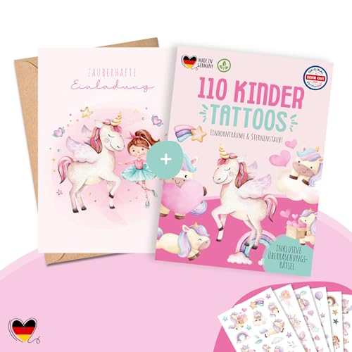 MeinBaby123® 10 Einladungskarten und 110 hautfreundliche Kindertattoos im Bundle, Geburtstagseinladungen Prinzessin und Einhörner für Mädchen inkl. 10 Briefumschläge (25 - Prinzessin) von MeinBaby123