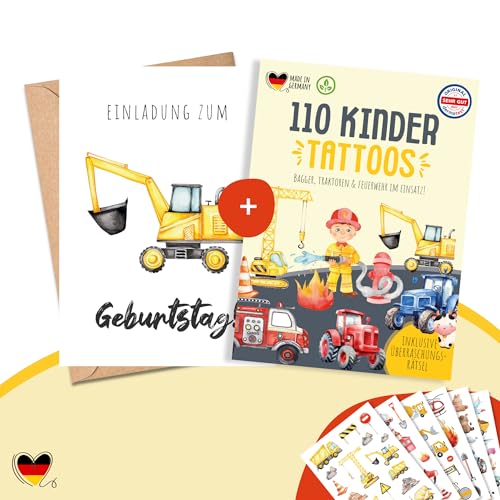 MeinBaby123® 10 Einladungskarten und 110 hautfreundliche Kindertattoos im Bundle, Geburtstagseinladungen für Kinder Bagger inkl. 10 Briefumschläge & 110 Hauttattoos (09 - Bagger) von MeinBaby123