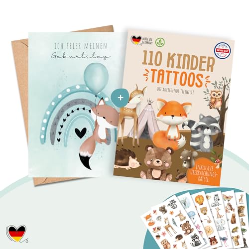 MeinBaby123® 10 Einladungskarten und 110 hautfreundliche Kindertattoos im Bundle, Geburtstagseinladungen für Kinder süßer Fuchs inkl. 10 Briefumschläge & 110 Hauttattoos (05 - Fuchs türkis) von MeinBaby123