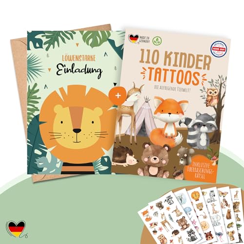 MeinBaby123® 10 Einladungskarten und 110 hautfreundliche Kindertattoos im Bundle, Geburtstagseinladungen für Kinder süßer Läwe inkl. 10 Briefumschläge & 110 Hauttattoos (07 - Löwe) von MeinBaby123