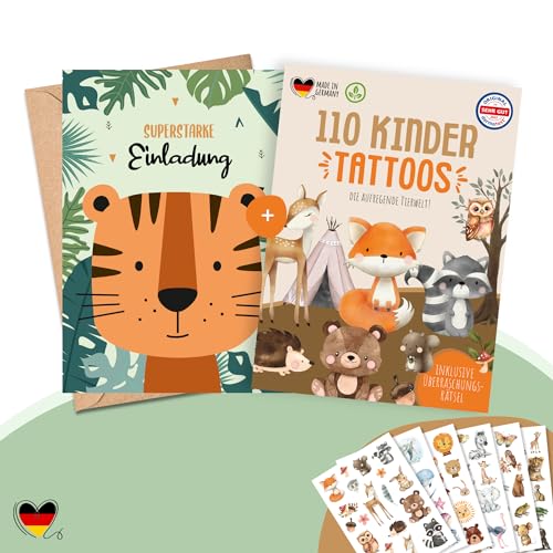 MeinBaby123® 10 Einladungskarten und 110 hautfreundliche Kindertattoos im Bundle, Geburtstagseinladungen für Kinder süßer Tiger inkl. 10 Briefumschläge & 110 Hauttattoos (06 - Tiger) von MeinBaby123