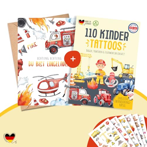 MeinBaby123® 10 Feuerwehr Einladungskarten und 110 hautfreundliche Dino Kindertattoos im Bundle, Geburtstagseinladungen für Jungs inkl. 10 Briefumschläge & 110 Hauttattoos (18 - Feuerwehr) von MeinBaby123