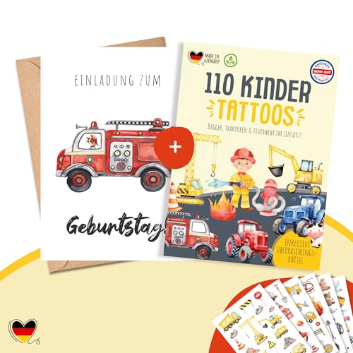 MeinBaby123® 10 Feuerwehr Einladungskarten und 110 hautfreundliche Dino Kindertattoos im Bundle, Geburtstagseinladungen für Jungs inkl. 10 Briefumschläge & 110 Hauttattoos (19 - Feuerwehr) von MeinBaby123