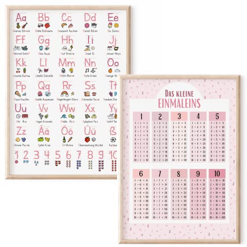 MeinBaby123® 2er Set ABC Lernposter Grundschrift und 1x1 Poster DIN A4 | Einmaleins Trainer für Kinder | geeignet für Kindergarten, Vorschule, Grundschule (2er Set - rosa A4) von MeinBaby123