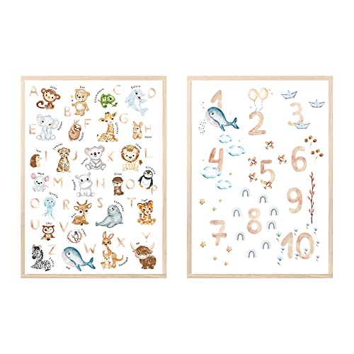 MeinBaby123® Bilder Kinderzimmer | 2er Set A4 Poster Set | Alphabet ABC Lernposter Zahlen mit Tiere | Deko Kinderzimmer Babyzimmer | Wandposter Premium (Alphabet & Zahlen - Set 2) von MeinBaby123