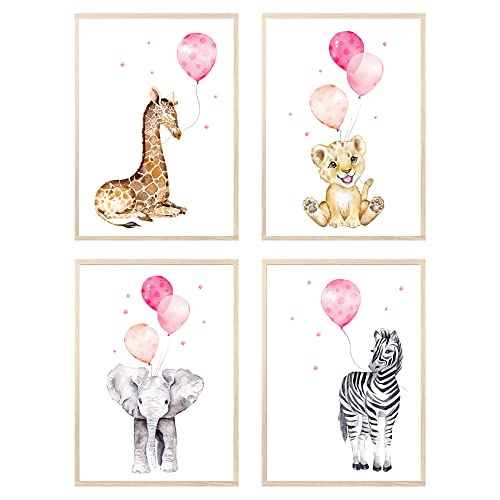 MeinBaby123® Bilder Kinderzimmer | 3er Set DIN A4 Poster Set | Wandbilder | Tiere Luftballon | Deko Bilder Kinderzimmer | Babyzimmer Deko | Wandposter Premium (Tiere & Luftballons rosa) von MeinBaby123