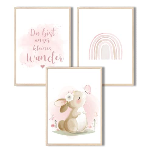 MeinBaby123® Bilder Kinderzimmer | 3er Set DIN A4 Poster Set | Wandbilder mit Spruch | Regenbogen | Deko Kinderzimmer Mädchen | Babyzimmer Deko | Wandposter Premium (Hase) von MeinBaby123