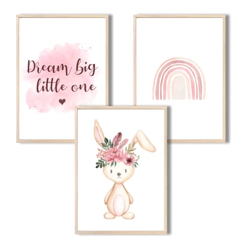 MeinBaby123® Bilder Kinderzimmer | 3er Set DIN A4 Poster Set | Wandbilder mit Spruch | Regenbogen | Deko Kinderzimmer Mädchen | Babyzimmer Deko | Wandposter Premium (Hase & Regenbogen) von MeinBaby123