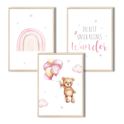 MeinBaby123® Bilder Kinderzimmer | 3er Set DIN A4 Poster Set | Wandbilder mit Spruch | Regenbogen | Deko Kinderzimmer Mädchen Junge | Babyzimmer Deko (Bär & Regenbogen rosa) von MeinBaby123