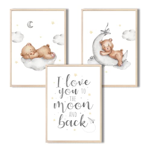 MeinBaby123® Bilder Kinderzimmer | 3er Set DIN A4 Poster Set | Wandbilder mit Spruch | Regenbogen | Deko Kinderzimmer Mädchen und Jungen | Babyzimmer Deko | Wandposter Premium (Bär & Mond) von MeinBaby123