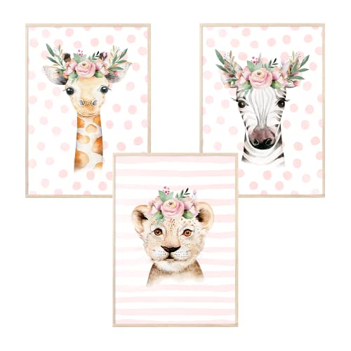 MeinBaby123® Bilder Kinderzimmer | 4er Set DIN A4 Poster Set | Wandbilder | Deko Bilder Kinderzimmer | Babyzimmer Deko | Giraff, Zebra, Löwe, Leopard (Tiere Kopfschmuck - Set 3) von MeinBaby123