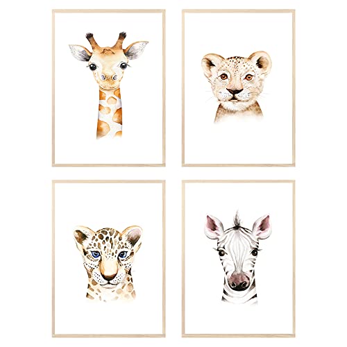 MeinBaby123® Bilder Kinderzimmer | 4er Set DIN A4 Poster Set | Wandbilder | Safaritiere | Giraff, Zebra, Löwe | Deko Bilder Kinderzimmer | Babyzimmer Deko (Tiere Afrika - Set 1) von MeinBaby123