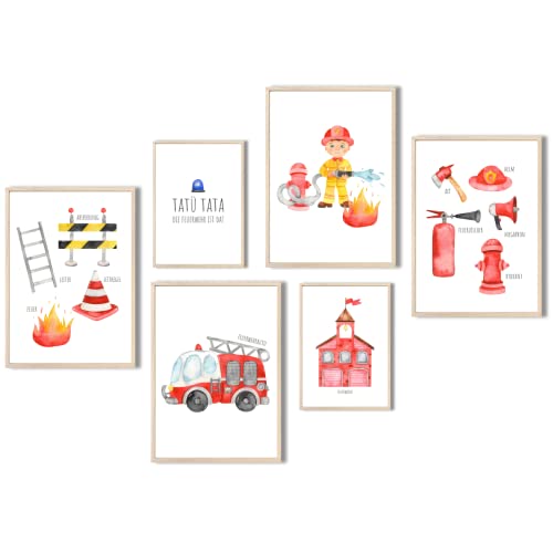 MeinBaby123® Bilder Kinderzimmer | DIN A4 & DIN A5 6er Poster Set Feuerwehr | Feuerwehrauto, Feuerwehrmann | Deko Kinderzimmer Junge | Babyzimmer Deko | Wandposter Premium (Feuerwehr V2) von MeinBaby123