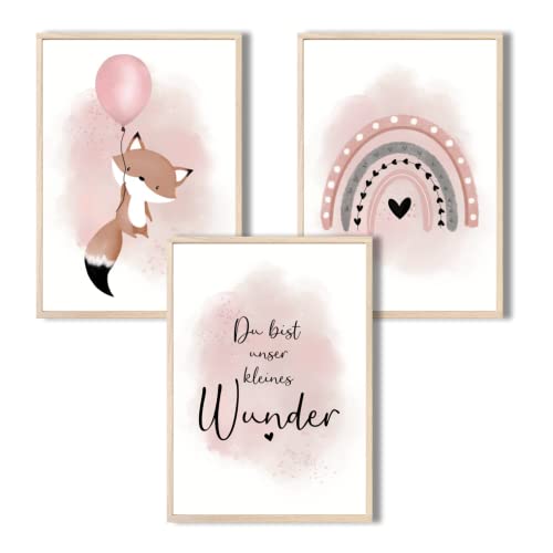 MeinBaby123® Bilder Kinderzimmer | 3er Set DIN A4 | Wandbilder | Poster | Mädchen und Jungen | Babyzimmer Deko | Wandposter Premium (Fuchs & Luftballon rosa) von MeinBaby123