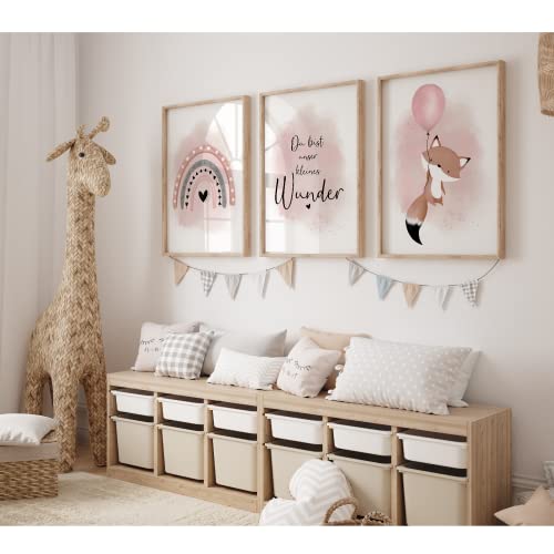 MeinBaby123® Bilder Kinderzimmer | 3er Set DIN A2 Poster Set | Kinderzimmer Poster | Deko Bilder | Kinderzimmer Wandposter Premium (Fuchs & Luftballon rosa A2) von MeinBaby123