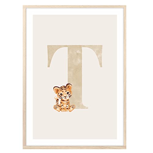 MeinBaby123® Buchstaben Poster DIN A4 Kinderzimmer Mädchen und Junge | Babyzimmer Deko | Bilder Kinderzimmer | Geschenkideen zur Geburt | Anfangsbuchstabe T (süßer Tiger) von MeinBaby123