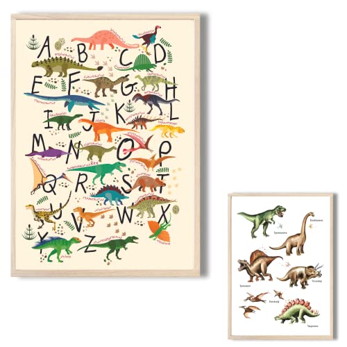 MeinBaby123® Dino Poster Kinderzimmer doppelseitig | Dinosaurier Poster DIN A2 | Bilder Kinderzimmer Jungen | Dino Deko Bilder Kinderzimmer | Wandposter Premium (Dino Poster doppelseitig V3) von MeinBaby123