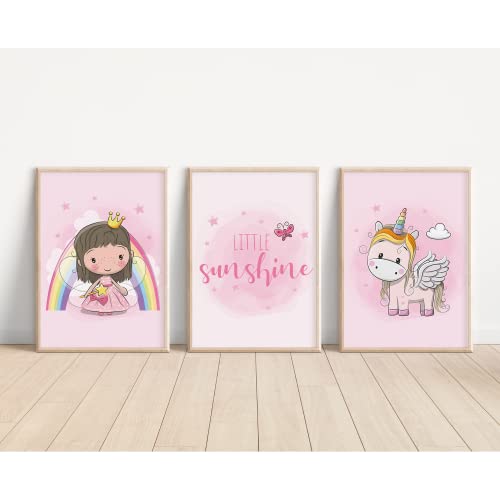 MeinBaby123® Einhorn Bilder Kinderzimmer | 3er Set DIN A4 | Einhorn Deko | Kinderzimmer Poster Set | Einhorn Geschenke für Mädchen | Kinderzimmer Deko Mädchen | Baby Geschenk (Einhorn V3) von MeinBaby123