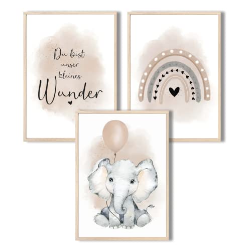 MeinBaby123® I Bilder Kinderzimmer | 3er Set DIN A4 Poster Set | Wandbilder | Kinderzimmer Poster | Deko Bilder Kinderzimmer Mädchen und Jungen | Wandposter Premium(Elefant & Luftballon beige) von MeinBaby123