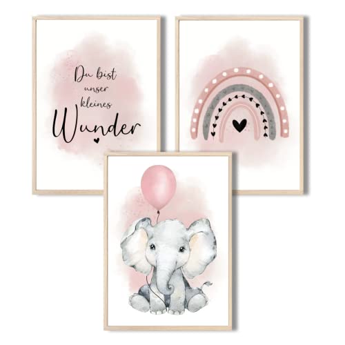 MeinBaby123® I Bilder Kinderzimmer | 3er Set DIN A4 Poster Set | Wandbilder | Kinderzimmer Poster | Deko Bilder Kinderzimmer Mädchen und Jungen | Wandposter Premium (Elefant & Luftballon rosa) von MeinBaby123