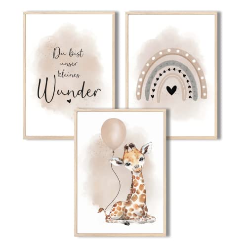 MeinBaby123® I Bilder Kinderzimmer | 3er Set DIN A4 Poster Set | Wandbilder | Kinderzimmer Poster | Deko Bilder Kinderzimmer Mädchen und Jungen | Wandposter Premium(Giraffe & Luftballon beige) von MeinBaby123