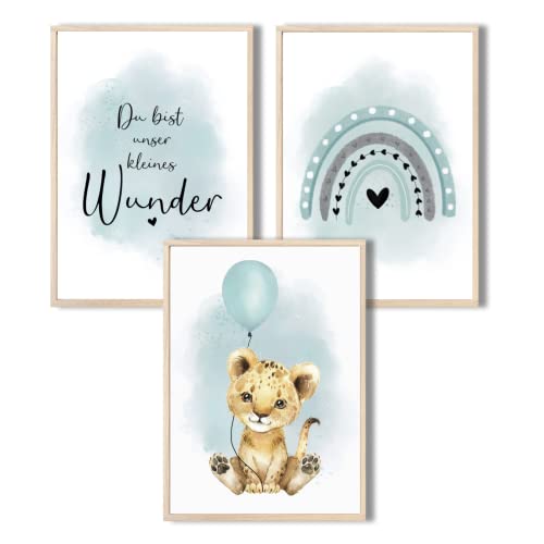 MeinBaby123® I Bilder Kinderzimmer | 3er Set DIN A4 Poster Set | Wandbilder | Kinderzimmer Poster | Deko Bilder Kinderzimmer Mädchen und Jungen | Wandposter Premium (Löwe & Luftballon mint) von MeinBaby123