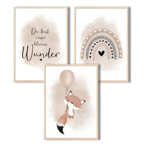 MeinBaby123® I Bilder Kinderzimmer | 3er Set DIN A4 | Wandbilder | Kinderzimmer Poster | Deko Bilder Kinderzimmer Mädchen und Jungen | Babyzimmer Deko (Luftballon & Fuchs beige) von MeinBaby123