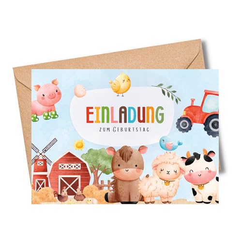 MeinBaby123® 10 Einladungskarten Kindergeburtstag für Jungs | Bauernhof Geburtstagseinladungen für Kinder | Traktor Einladungskarten | inkl. 10 Briefumschläge | Premium Qualität (Bauernhof V1) von MeinBaby123