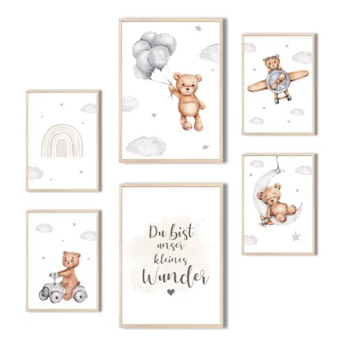 MeinBaby123® Poster Kinderzimmer | 6er Set DIN A4 Poster Set | Wandbilder mit Spruch | Regenbogen | Deko Kinderzimmer Mädchen und Jungen | Babyzimmer Deko (Bär & Flugzeuge) von MeinBaby123