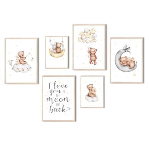 MeinBaby123® Poster Kinderzimmer | 6er Set DIN A4 Poster Set | Wandbilder mit Spruch | Regenbogen | Deko Kinderzimmer Mädchen und Jungen | Babyzimmer Deko (Sterne & Bär V1) von MeinBaby123