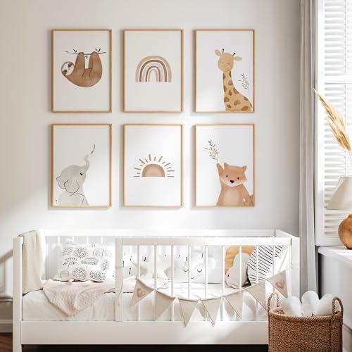 MeinBaby123® Poster Kinderzimmer 6er Set DIN A4 Wandbilder Bilder Boho Babyzimmer Deko Wandposter Premium (Faultier & Freunde 6er Set) von MeinBaby123