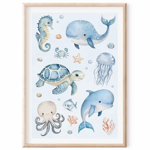 MeinBaby123® Unterwasserwelt Bilder Kinderzimmer | DIN A2 Poster | Wal, Schildkröte, Delfin, Seepferdchen | Kinderzimmer Deko Meer | Kinderzimmer Bilder | Geschenk zur Geburt (Unterwasserwelt V1) von MeinBaby123