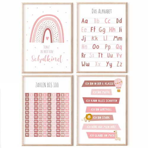 MeinBaby123® pädagogische Lernplakate Lernposter | Bilder Kinderzimmer | 4er Set A4 Poster Set | Alphabet ABC, Zahlen | Vorschule, Grundschule | Wandposter Premium (Lernposter - 4er Set rosa) von MeinBaby123