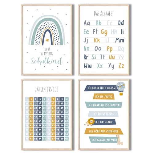 MeinBaby123® pädagogische Lernplakate Lernposter | Bilder Kinderzimmer | 4er Set A4 Poster Set | Alphabet ABC, Zahlen | Vorschule, Grundschule | Wandposter Premium (Lernposter blau - 4er Set) von MeinBaby123