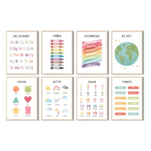 MeinBaby123® pädagogische Lernplakate Lernposter | Bilder Kinderzimmer | 8er Set A4 Poster Set | Alphabet ABC, Zahlen | Vorschule, Grundschule | Wandposter Premium (Lernposter - 8ter Set) von MeinBaby123