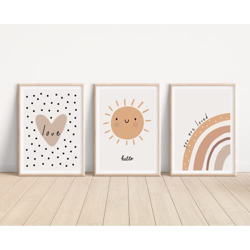 MeinBaby123® Poster Kinderzimmer | 3er Set DIN A4 | Wandbilder | Kinderzimmer Poster | Deko Bilder Kinderzimmer | Babyzimmer Deko | Geschenk zur Geburt | Wandposter Premium (Sonne & Herz) von MeinBaby123