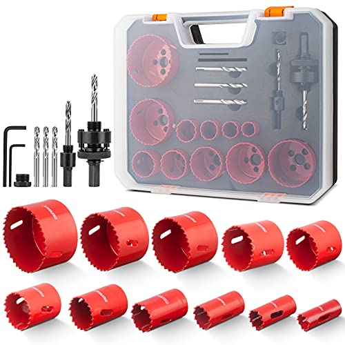 Lochsäge Set, Meinraum 19 PCS Lochkreissäge Bimetall mit 11 Sägeblättern 19mm-68mm, inklusiv 2 Schafte, 3 Bohrer, 2 Sechskantschlüssel, für Aluminium, Holz, PVC-Platte und Kunststoffplatte von Meinraum