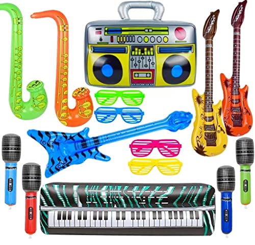 Meiruier 16 Stück Aufblasbare Rock Star Toy Set- Aufblasbare Party Props Saxophon Beth Mikrofon,Aufblasbare Gitarre Buntes Aufblasbare Instrumente Party Deko (Set-1) von Meiruier