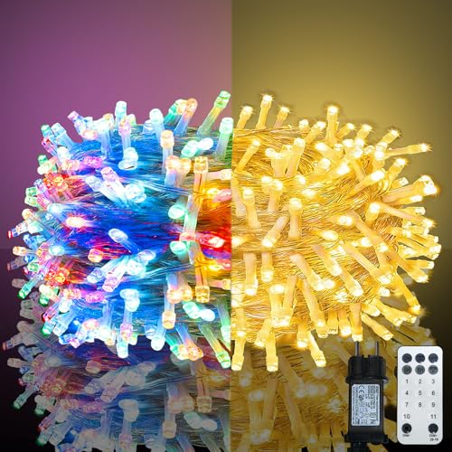 Meision LED Lichterkette Außen Inner 10 Meter 100LED, 4 Farbwechsel Weihnachtsbaum Lichterkette mit 11 Modi, Fernbedienung, Timer, Memory-Funktion, Wasserdicht Lichterkette Strom für Balkon von Meision