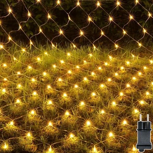 Meision Lichternetz Außen 1.5 x 1.5m 100 LEDs, Lichterkette Innen Netz mit Timer + 9 Modi Stecker + Speicherfunktion, IP44 Erweiterbar Mesh Lichtervorhang für Balkon, Büsche, Garten, Warmweiß von Meision