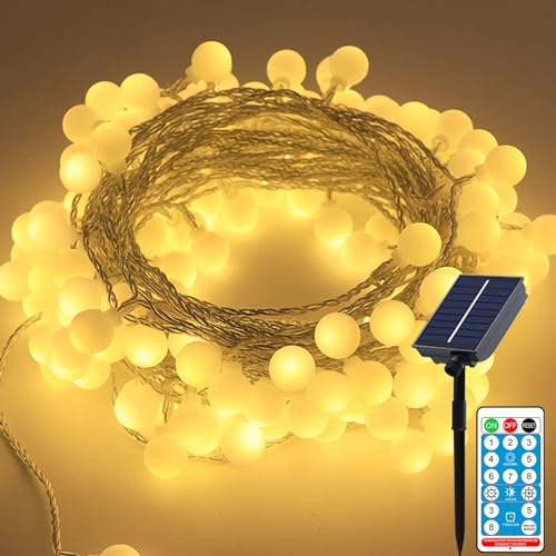 Meision Solar lichterkette Aussen 5m 50LED Kugel LED Outdoor Lichterkette mit 8 Modi + Timer + Fernbedienung Wasserdicht Solarlichterkette Außen Wetterfest für Garten, Balkon, Party, Warmweiß von Meision