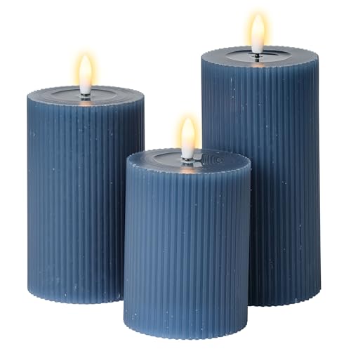 Meisterhome® 3er-Set Flammenlose LED Kerzen - Blau - Ribble Design Stumpenkerze - mit Fernbedienung – mit Timer - Batteriebetrieben – Warmweiß - 10/12,5/15 cm hoch - mit flackernder Flamme von Meisterhome