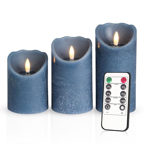 Meisterhome® 3er-Set Flammenlose LED Kerzen - Blau - Rustik Design Stumpenkerze - mit Fernbedienung – mit Timer - Batteriebetrieben – Warmweiß - 10/12,5/15 cm hoch - mit flackernder Flamme von Meisterhome