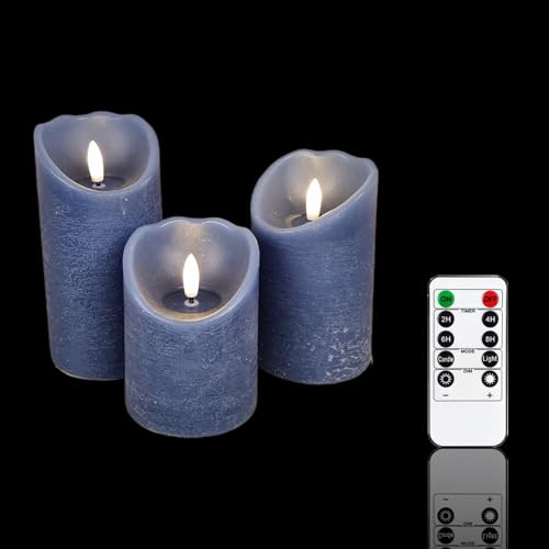 Meisterhome® 3er-Set Flammenlose LED Kerzen - Blau - Rustik Design Stumpenkerze - mit Fernbedienung – mit Timer - Batteriebetrieben – Warmweiß - 10/12,5/15 cm hoch - mit flackernder Flamme von Meisterhome