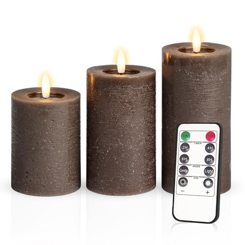 Meisterhome® 3er-Set Flammenlose LED Kerzen - Braun - Rustik Design Stumpenkerze - mit Fernbedienung – mit Timer - Batteriebetrieben – Warmweiß - 10/12,5/15 cm hoch - mit flackernder Flamme von Meisterhome