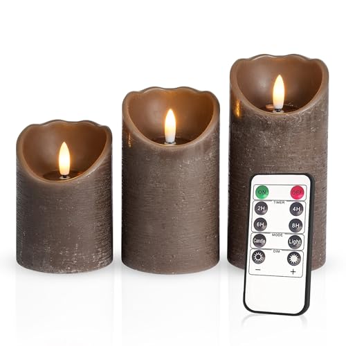 Meisterhome® 3er-Set Flammenlose LED Kerzen - Braun - Rustik Design Stumpenkerze - mit Fernbedienung – mit Timer - Batteriebetrieben – Warmweiß - 10/12,5/15 cm hoch - mit flackernder Flamme von Meisterhome