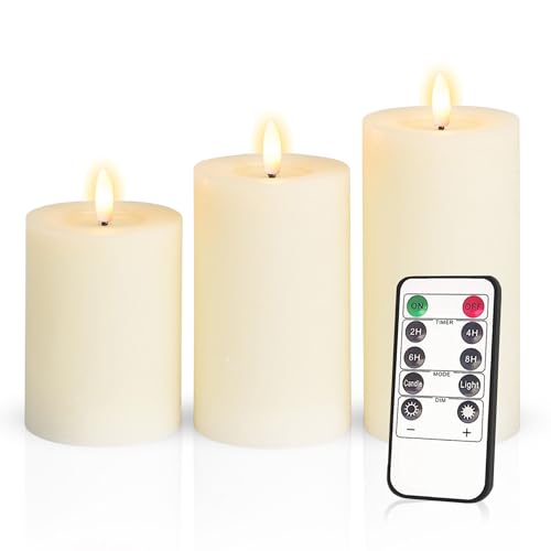 Meisterhome® 3er-Set Flammenlose LED Kerzen - Elfenbein - Rustik Design Stumpenkerze - mit Fernbedienung – mit Timer - Batteriebetrieben – Warmweiß - 10/12,5/15 cm hoch - mit flackernder Flamme von Meisterhome