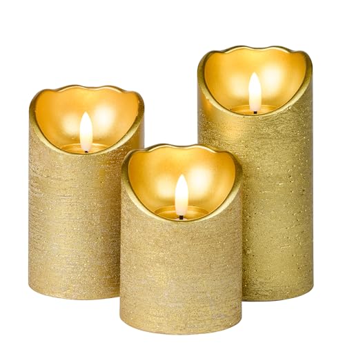 Meisterhome® 3er-Set Flammenlose LED Kerzen - Gold - Rustik Design Stumpenkerze - mit Fernbedienung – mit Timer - Batteriebetrieben – Warmweiß - 10/12,5/15 cm hoch - mit flackernder Flamme von Meisterhome