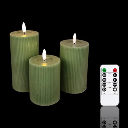 Meisterhome® 3er-Set Flammenlose LED Kerzen - Grün - Ribble Design Stumpenkerze - mit Fernbedienung – mit Timer - Batteriebetrieben – Warmweiß - 10/12,5/15 cm hoch - mit flackernder Flamme von Meisterhome